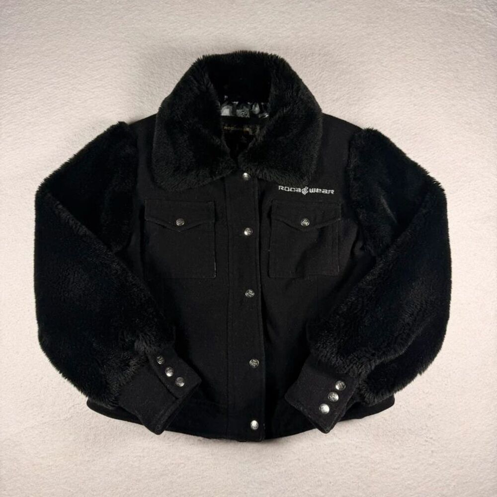 Vintage Rocawear Y2K Faux Fur & Wool Jacket Black